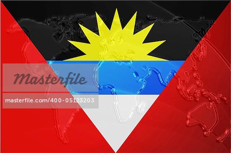 Flag of Antigua national country symbol illustration with world map, metallic embossed look