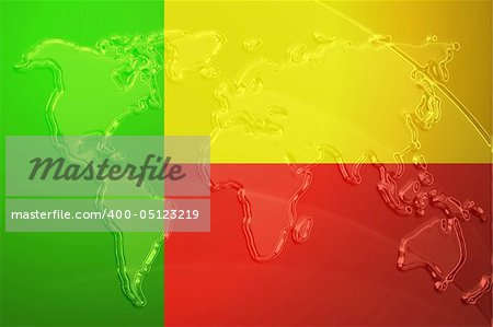 Flag of Benin, national country symbol illustration with world map, metallic embossed look