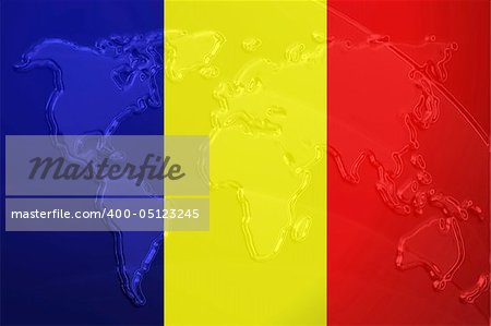 Flag of Chad, national country symbol illustration with world map, metallic embossed look