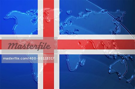 Flag of Iceland, national country symbol illustration with world map, metallic embossed look