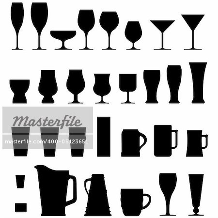 A large set of vector silhouettes of alcohol and coffee drink glasses, cups, and mugs.