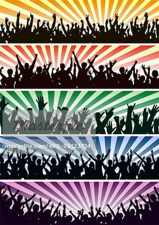 Set of editable vector concert crowd silhouettes with all people as separate objects