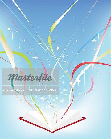 Vector illustration of an open book with a light source and stars and streamers