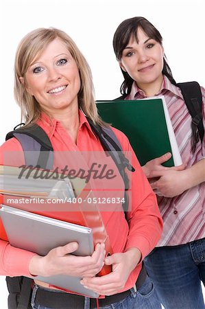 two happy students over white background