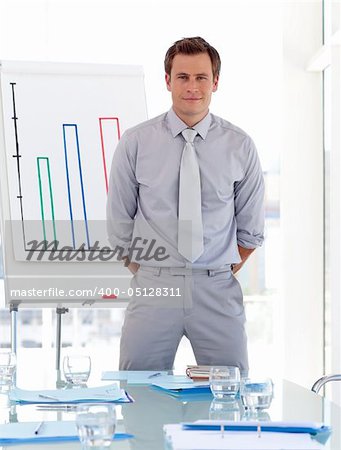 Business teacher standing before his university business class