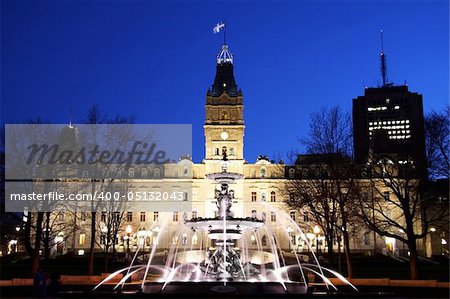 Typical night scene from Quebec City: Quebec parliament building (Hôtel du Parlement) and Fontaine de Tourny. Long exposure.