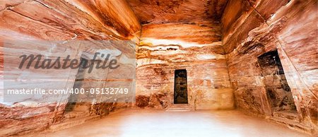 Petra - Nabataeans capital city (Al Khazneh) , Jordan. Treasury tomb main romm. Roman Empire period. Stich image panorama.