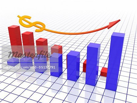 3d rendered image, two graphs, red and blue with a dollar sign and an arrow