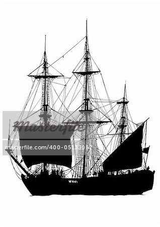 Vector drawing old sailing ship. Silhouette on white background. Saved in the eps.