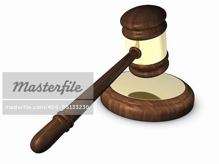 3D Render. Wooden and golden court gavel isolated on white background.