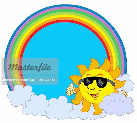 Sun with cloud in rainbow circle - vector illustration.