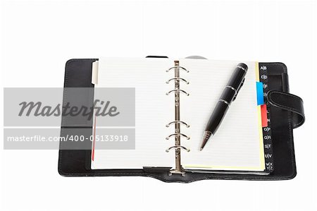 Opened agenda with pen and notes word written, over a white background