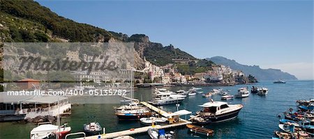 Amalfi Coast harbor with boat. Naples - Best of Italy
