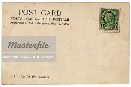 back of vintage postcard with a one cent stamp, room for your message,isolated on white