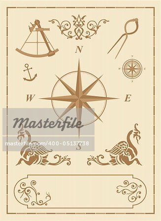 set of old nautical symbols and icons with vintage map design elements