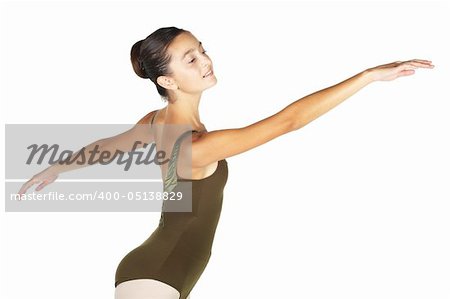 Young female ballet dancer showing various classic hand and arm positions on a white background - 2nd Arabesque arm position, showing back. NOT ISOLATED