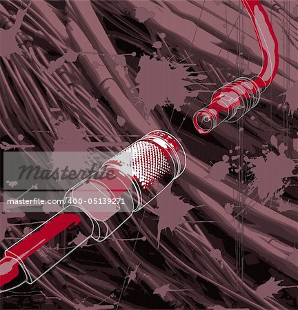 Two straight N3 connectors, male and female, on a background of coaxial wires. These are materials used in telecomunication.  Many layers compose the image, 6 layers of bkg are totally handtraced featured by my photo collection, connector grip and texture stains are autotraced to give a different taste, the connectors are featured by my photo collection.