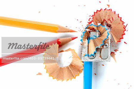 Close-up of pencils and sharpener.