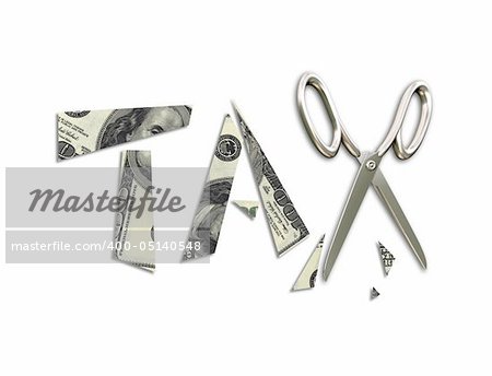 Isolated illustration of pieces of a banknote and scissors illustrating tax cuts