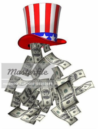 Isolated illustration of banknotes falling from Uncle Sam hat