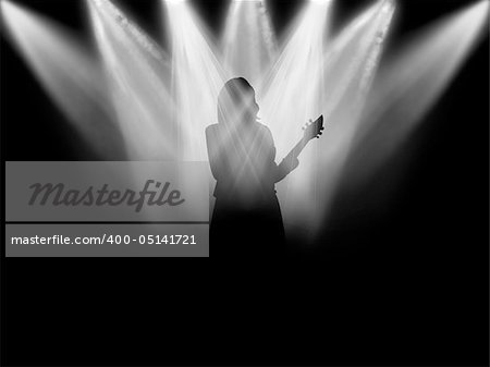 Black silhouette of the musician which plays on a scene