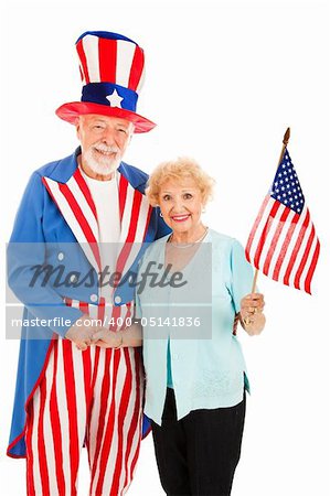 Pretty senior woman meets American icon Uncle Sam.  Isolated.