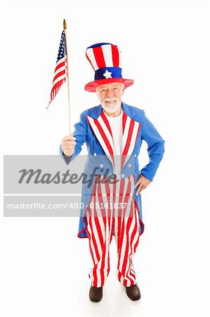 American icon Uncle Sam holding a US flag.  Full body isolated.
