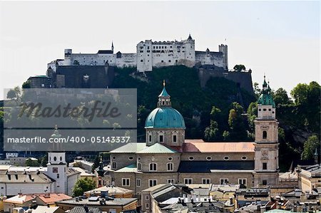 The aerial view of Salzburg City, Austria from Kapuziner Kloster