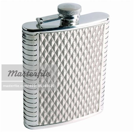 Grooved flask made of stainless steel. Man's accessory for strong alcohol.