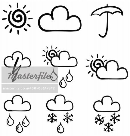 Set of symbols for the indication of weather. Vector illustration. Sketch simulate.