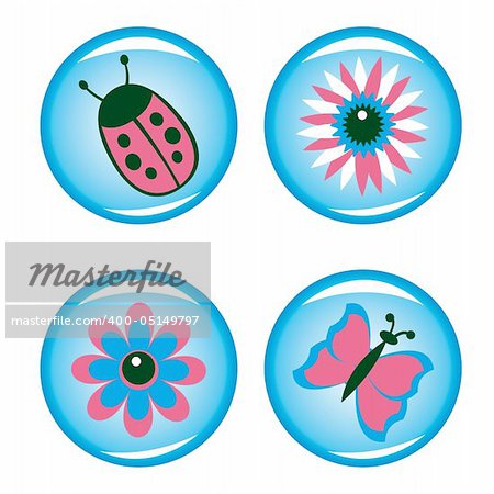 Four buttons for your design (flowers, ladybird, butterfly). Vector illustration.