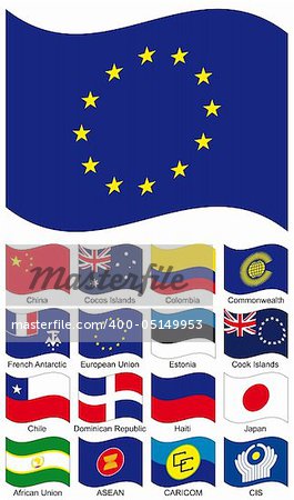 Vector Flag Collection. African Union, South-East Asian Nations ASEAN, Caribbean Community CARICOM, CHILE, CHINA, Cocos Islands, Colombia, Commonwealth Independent States CIS, Commonwealth, Cook Islands, Dominican Republic, Estonia, European Union, French Southern & Antarctic Lands, Haiti, Japan
