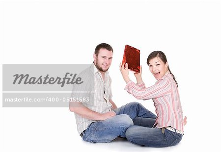 young loving couple together on white background