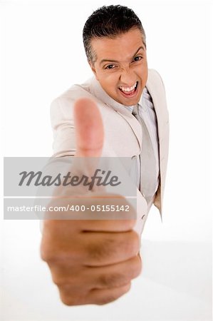 Businessperson with thumb up isolated on white background