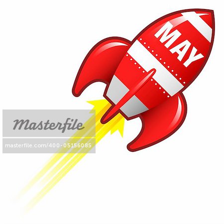 May month calendar icon on red retro rocket ship illustration good for use as a button, in print materials, or in advertisements.