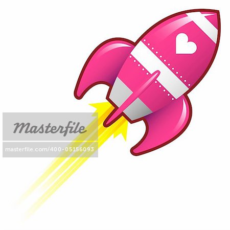 Heart or love icon on pink retro rocket ship illustration good for use as a button, in print materials, or in advertisements.