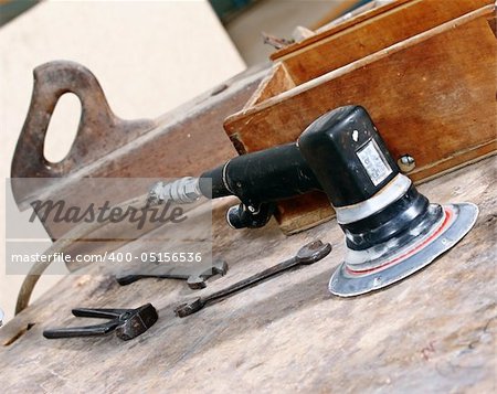 fine image of carpenter tools on old wood work table