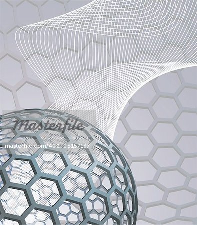 illustration background with buckyball or buckminsterfullerene and abstract mesh wave graphic