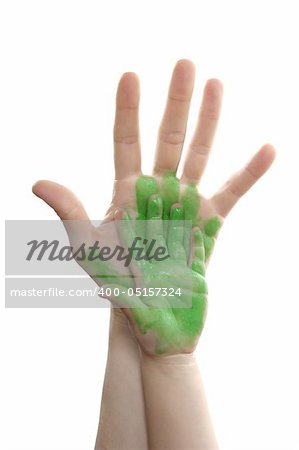 Green paint mother, son daughter hand together over white background