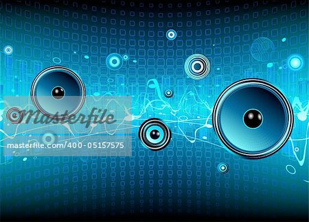 Vector illustration of blue abstract party design with urban music scene - Speakers and sound waves