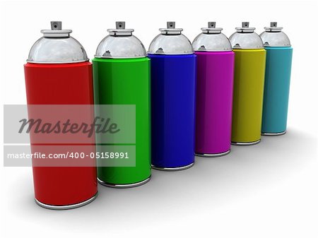 3d illustration of colorful spray cans over white background
