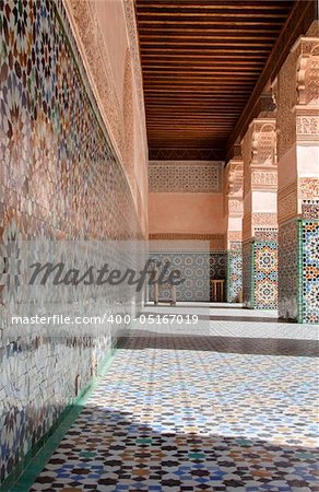 architectural details of Courtyard of Ali Ben Youssef Madrasa, Marrakech, Morocco