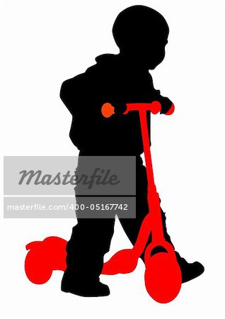 Vector drawing the little boy on the scooter. Silhouette on white background