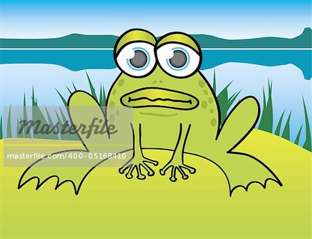 Illustration of a frog sitting in front of a lake.