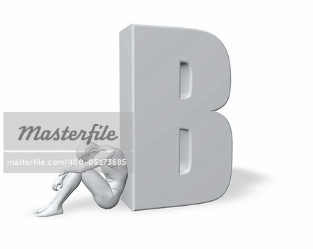 sitting man leans on uppercase letter B - 3d illustration