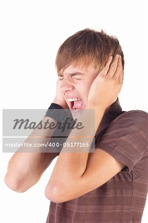 Young man screaming. Isolated on white.