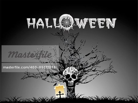 grave yard background with isolated tree, skull and grave