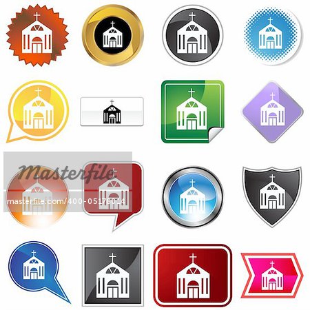 A set of 16 icon buttons in different shapes and colors - church.
