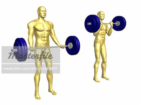 Golden athletic man lifting weights on white background
