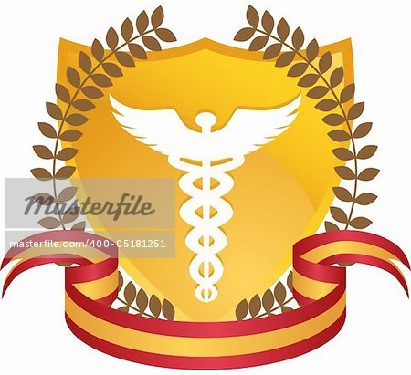 Caduceus Medical shield symbol - with red and yellow ribbon.